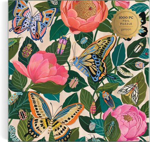 Galison Between The Blooms – 1000 Piece Foil Jigsaw Puzzle Featuring Beautiful Artwork of Butterflies Nestled in Blooming Flowers in Saudi Arabia