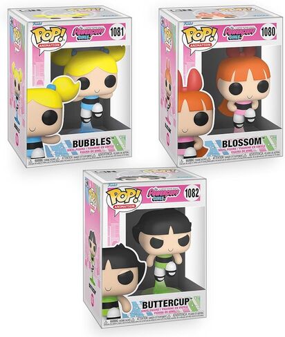 فانكو بوب! Powerpuff Girls - مجموعة من 3 - مجسمات من الفينيل Bubbles وBlossom وButtercup مجمعة مع واقي الصندوق in Kuwait