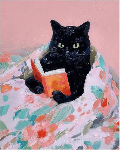 RLTXBUK Black Cat Reading Book Paint by Numbers Kit for Adults Beginners Kids 4-12, Cat and Book Lovers Gifts DIY Oil Painting Kits on Canvas Framed for Home Kids Room Apartment Decor 16x20 in in Kuwait