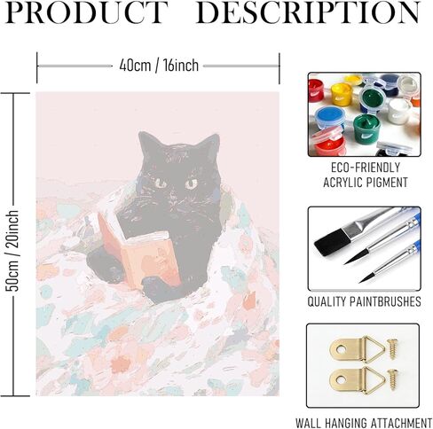 RLTXBUK Black Cat Reading Book Paint by Numbers Kit for Adults Beginners Kids 4-12, Cat and Book Lovers Gifts DIY Oil Painting Kits on Canvas Framed for Home Kids Room Apartment Decor 16x20 in in Kuwait