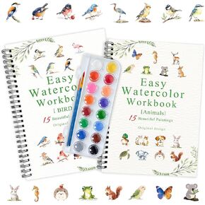 مجموعة مصنفات الألوان المائية من SLWBZ، كتابان بموضوعات مختلفة، مصنف رائع مع خطوات مفصلة، ​​16 لونًا من لوحة الألوان وفرشتين خشبيتين ناعمتين، مصنفات ألوان مائية مناسبة للمبتدئين، نباتات وطيور in Kuwait