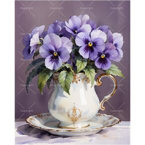 Floral Still Life Paint by Numbers Kit for Adults - DIY Purple Pansies in Vintage Teacup Painting on Canvas 16x20 Inches, Acrylic Paint Set, Suitable for Beginners, for Home Decoration or Gifts in Saudi Arabia
