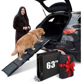 Dog Ramp for Car Travel Bundle – 63" Foldable Non-Slip Dog Ramp + Waterproof Back Seat Cover + 15 Poop Bags – Complete Pet Travel Set for SUV, Truck & Car – Safe Access, Clean Seats, Easy Trips in Saudi Arabia