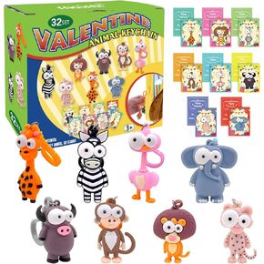 32 Packs Valentine's Day Greeting Gift Card with Animal Keychains for Kids Party Favor, Classroom Exchange Prizes for Toddlers Girls Boys School Class Classroom Party Favors in Kuwait