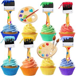 24pcs Art Paint Cupcake Toppers: Paint Brush Cupcake Toppers Art Theme Cake Decorations Artist Birthday Party Favors Supplies in Saudi Arabia