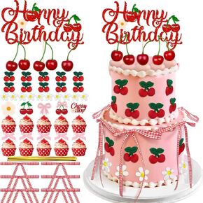 65PCS Cherry Bow Cake Decorations Set Happy Birthday Cherry Cake Topper and Cupcake Bows Decorations for Baby Shower Bridal Shower Graduation Party in Saudi Arabia