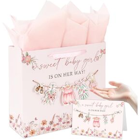 Whaline 13 Inch Large Baby Shower Paper Bag with Tissue Paper Greeting Card Treat Bags with Ribbon Handles Pink Floral Baby Clothes Flower Candy Goodie Bag for Girl Birthday Party Favors in Saudi Arabia