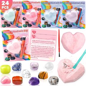 24 Pack Valentines Gemstones Dig Kit for Kids–Valentines Cards with Gems Crystal Excavation, School Classroom Valentines Exchange Gifts,Party Favors for Boys and Girls in Saudi Arabia