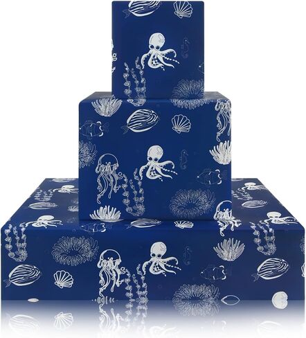 Octopus Jellyfish Seahorse Fish Ocean Nautical Themed Birthday Royal Blue Wrapping Paper For Kids Girls Boys, Under the Water White Line Art Marine Life Animal Coastal Design Gift Wrap Paper for Birthday Baby Shower Children's Day, 4 Sheets Folded Flat 20 in Saudi Arabia