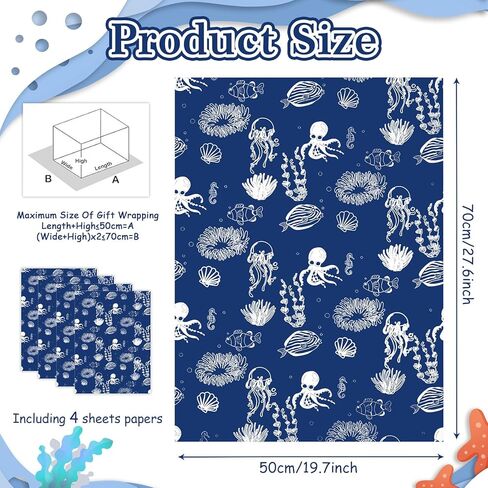 Octopus Jellyfish Seahorse Fish Ocean Nautical Themed Birthday Royal Blue Wrapping Paper For Kids Girls Boys, Under the Water White Line Art Marine Life Animal Coastal Design Gift Wrap Paper for Birthday Baby Shower Children's Day, 4 Sheets Folded Flat 20 in Saudi Arabia