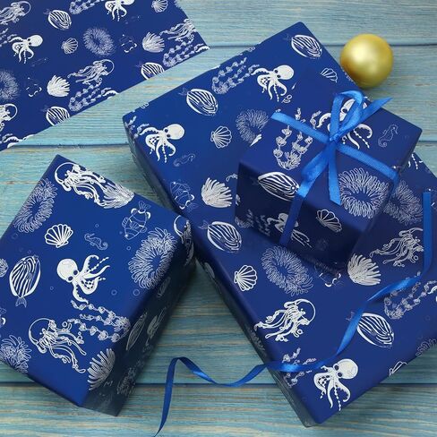 Octopus Jellyfish Seahorse Fish Ocean Nautical Themed Birthday Royal Blue Wrapping Paper For Kids Girls Boys, Under the Water White Line Art Marine Life Animal Coastal Design Gift Wrap Paper for Birthday Baby Shower Children's Day, 4 Sheets Folded Flat 20 in Saudi Arabia