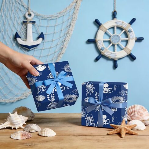 Octopus Jellyfish Seahorse Fish Ocean Nautical Themed Birthday Royal Blue Wrapping Paper For Kids Girls Boys, Under the Water White Line Art Marine Life Animal Coastal Design Gift Wrap Paper for Birthday Baby Shower Children's Day, 4 Sheets Folded Flat 20 in Saudi Arabia
