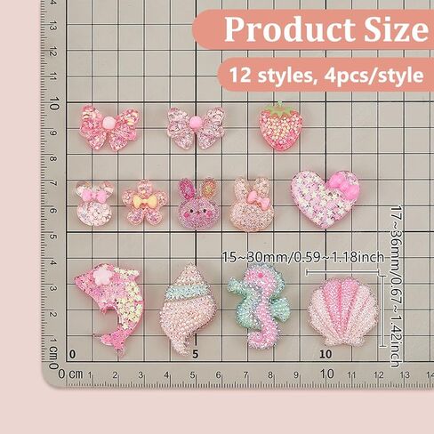 PH Pandahall 48 قطعة 12 نمط كبوشن راتنج لامع كبوشن راتنج مسطح الظهر مع Paillette قلب Bowknot أرنب Kawaii سباركلي كابوشون لصنع المجوهرات ديكور القصاصات، 15 ~ 36 مم/0.6 ~ 1.4 بوصة in Saudi Arabia