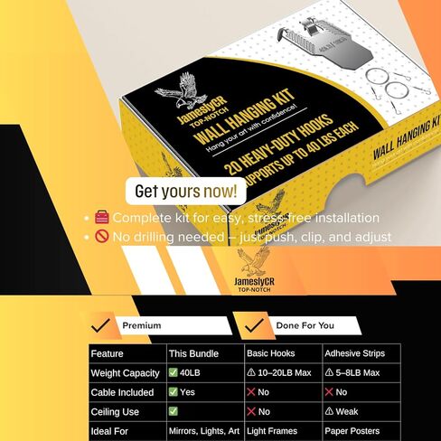 TOP-Notch Claws 20 حزمة من شماعات الصور شديدة التحمل (40 رطلاً) + 2 سلك فولاذي قابل للتعديل - مجموعة أدوات تعليق على الحائط خالية من الأدوات وخالية من التلف لسهولة الديكور! in Saudi Arabia
