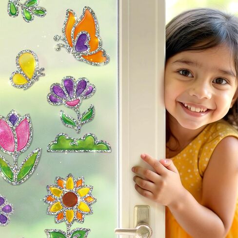 ملصقات الجيلي من Imagimake DIY – الزهور والفراشات | مجموعة ملصقات جل ثلاثية الأبعاد للأطفال | تزيين النوافذ والزجاجات والأكواب | دهانات الزجاج غير السامة | العمر 3+ in Kuwait