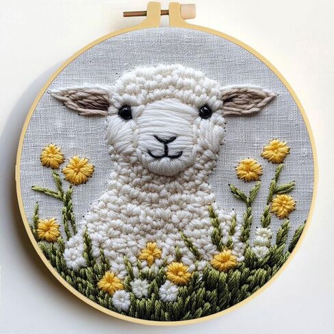Punch Needle Kits Sheep in Grass Embroidery Starter Set with Hoop Easy for Beginners DIY Stress Relief Handmade Craft Hobby and Home Decor 20x20cm-9 in Saudi Arabia