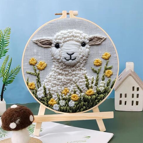 Punch Needle Kits Sheep in Grass Embroidery Starter Set with Hoop Easy for Beginners DIY Stress Relief Handmade Craft Hobby and Home Decor 20x20cm-9 in Saudi Arabia