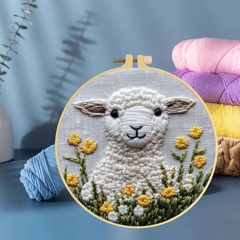 Punch Needle Kits Sheep in Grass Embroidery Starter Set with Hoop Easy for Beginners DIY Stress Relief Handmade Craft Hobby and Home Decor 20x20cm-9 in Saudi Arabia