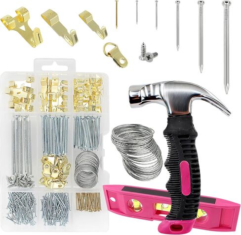 Picture Hanging Kit Hanging Hardware Assorted with Magnetic Hammer D Ring Nails Hooks Wires Magnetic Level for Wall Mounting Heavy Picture Canvas Paintings Photos Frame Board Clock in Saudi Arabia