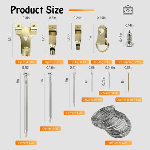 Picture Hanging Kit Hanging Hardware Assorted with Magnetic Hammer D Ring Nails Hooks Wires Magnetic Level for Wall Mounting Heavy Picture Canvas Paintings Photos Frame Board Clock in Saudi Arabia