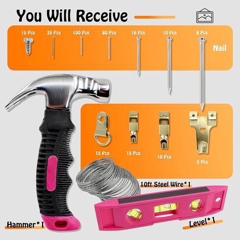 Picture Hanging Kit Hanging Hardware Assorted with Magnetic Hammer D Ring Nails Hooks Wires Magnetic Level for Wall Mounting Heavy Picture Canvas Paintings Photos Frame Board Clock in Saudi Arabia