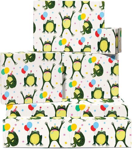 CENTRAL 23 Frog Wrapping Paper - 6 Sheets of White Gift Wrap with Green Frogs and Balloons - Birthday Wrapping Paper for Kids, Men, Women - Christmas Celebrations, Holidays in Saudi Arabia