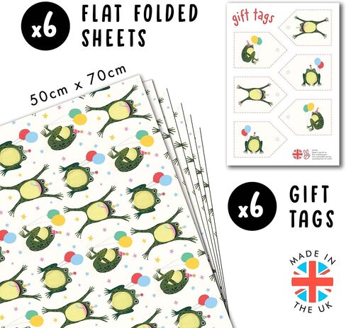 CENTRAL 23 Frog Wrapping Paper - 6 Sheets of White Gift Wrap with Green Frogs and Balloons - Birthday Wrapping Paper for Kids, Men, Women - Christmas Celebrations, Holidays in Saudi Arabia
