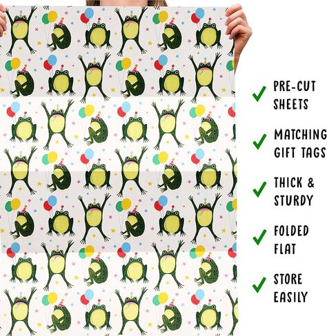CENTRAL 23 Frog Wrapping Paper - 6 Sheets of White Gift Wrap with Green Frogs and Balloons - Birthday Wrapping Paper for Kids, Men, Women - Christmas Celebrations, Holidays in Saudi Arabia