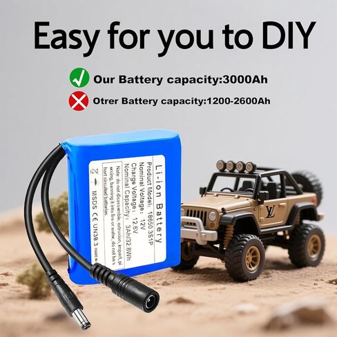 12V 3000mAh Rechargeable Lithium-Ion Battery Pack with Dual Male/Female Connectors & Charger - High-Capacity Power Supply for RC Cars, LED Lights, Robots, CCTV Cameras, DIY Electronics in Saudi Arabia