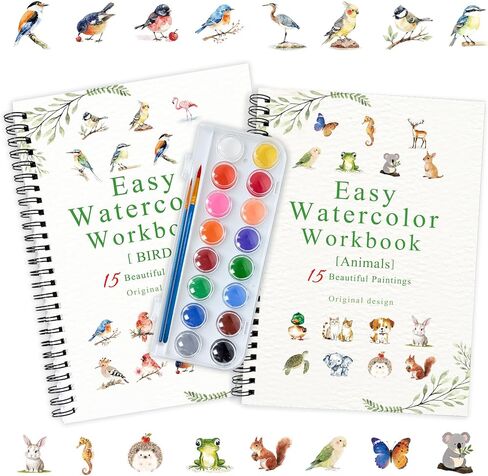 مجموعة مصنفات الألوان المائية من SLWBZ، كتابان بموضوعات مختلفة، مصنف رائع مع خطوات مفصلة، ​​16 لونًا من لوحة الألوان وفرشتين خشبيتين ناعمتين، مصنفات ألوان مائية مناسبة للمبتدئين، نباتات وطيور in Kuwait