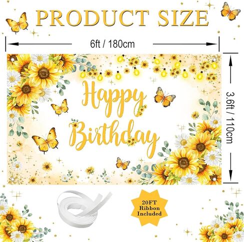 Avezano Sunflower Happy Birthday Banner for Women Butterfly Sunflower Birthday Party Decorations Backdrop Butterfly Girls 1st 2nd 16th Bday Party Banner (6x3.6ft) in Saudi Arabia