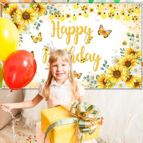 Avezano Sunflower Happy Birthday Banner for Women Butterfly Sunflower Birthday Party Decorations Backdrop Butterfly Girls 1st 2nd 16th Bday Party Banner (6x3.6ft) in Saudi Arabia