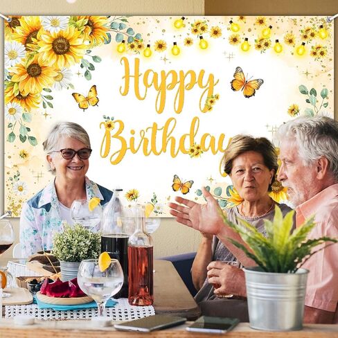 Avezano Sunflower Happy Birthday Banner for Women Butterfly Sunflower Birthday Party Decorations Backdrop Butterfly Girls 1st 2nd 16th Bday Party Banner (6x3.6ft) in Saudi Arabia