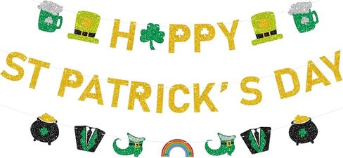 Happy St Patricks Day Banner Green Pink Glitter Saint Patricks Day Banner Sign with Leprechaun Hat Rainbow Shamrock Signs, Festive Hanging Decorations for Irish Lucky Day in Saudi Arabia