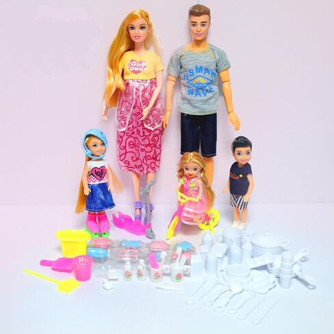 UCanaan Family Dolls Set of 6 People with Dad Pregnant Mom 3 Kids and Baby Boy in Mommy's Tummy and 70 Pcs Accessories for Education and Gift Best Gitfs for Girls Christmas Birthday in Kuwait