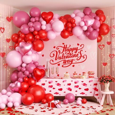 Valentines Day Balloon Arch Kit, Valentine Pink Red Heart Balloons with Rose Petals for Bachelorette Bridal Wedding Memorial Engagement Birthday Galentines Romantic Valentines Party Decorations in Saudi Arabia