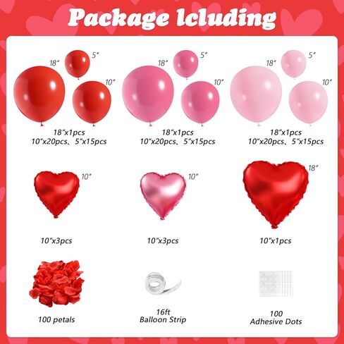 Valentines Day Balloon Arch Kit, Valentine Pink Red Heart Balloons with Rose Petals for Bachelorette Bridal Wedding Memorial Engagement Birthday Galentines Romantic Valentines Party Decorations in Saudi Arabia