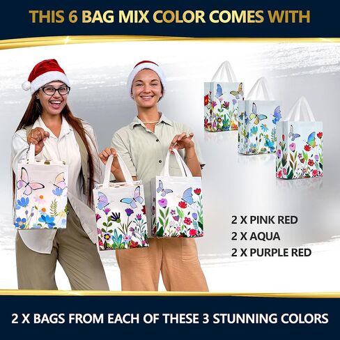 Nush Nush Butterfly Gift Bags with Handles Medium Size - Floral Gift Bag Set of 6 with Shiny Iridescent Holographic Print - Reusable Party Favor Bags for Girls, Birthday, and Butterfly Party Favors in Saudi Arabia