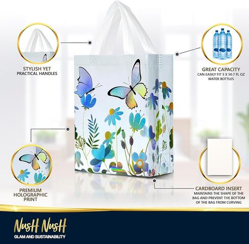 Nush Nush Butterfly Gift Bags with Handles Medium Size - Floral Gift Bag Set of 6 with Shiny Iridescent Holographic Print - Reusable Party Favor Bags for Girls, Birthday, and Butterfly Party Favors in Saudi Arabia