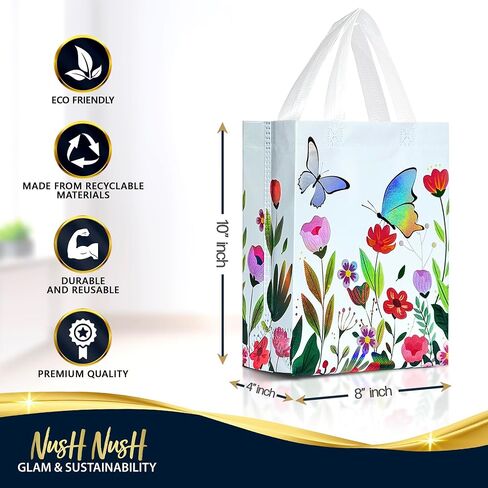 Nush Nush Butterfly Gift Bags with Handles Medium Size - Floral Gift Bag Set of 6 with Shiny Iridescent Holographic Print - Reusable Party Favor Bags for Girls, Birthday, and Butterfly Party Favors in Saudi Arabia