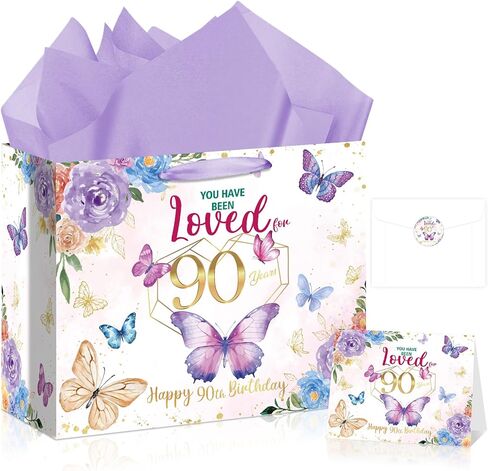 90th Birthday Gifts for Women Floral Butterfly 90th Birthday Gift Bag with Purple Wrapping Paper Card Sticker Envelope for Mom Grandma Cheers to 90 Years Old 1936 Party Presents Decorations Supplies in Saudi Arabia
