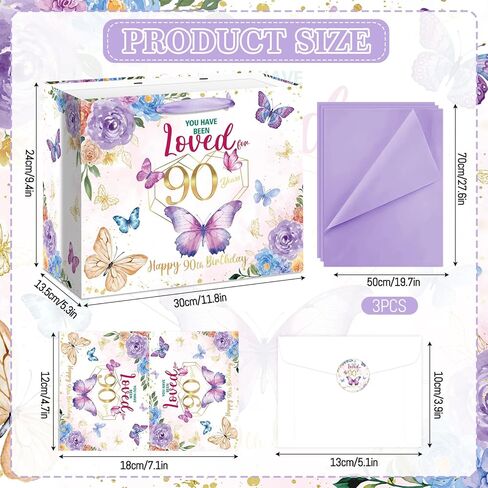 90th Birthday Gifts for Women Floral Butterfly 90th Birthday Gift Bag with Purple Wrapping Paper Card Sticker Envelope for Mom Grandma Cheers to 90 Years Old 1936 Party Presents Decorations Supplies in Saudi Arabia