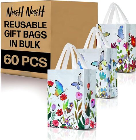 Nush Nush Butterfly Gift Bags with Handles Medium Size - Floral Gift Bag Set of 6 with Shiny Iridescent Holographic Print - Reusable Party Favor Bags for Girls, Birthday, and Butterfly Party Favors in Saudi Arabia