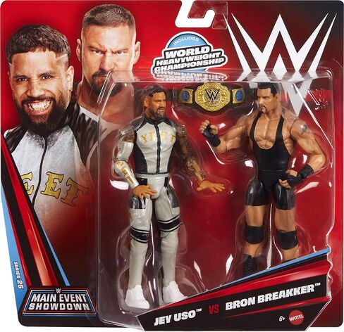 Mattel WWE Main Event Showdown Action Figures 2-Pack with Accessory, Series #25 Bron Breakker vs Jey USO Collectible Set, 6-inch in Saudi Arabia