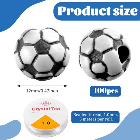 100 PCS Soccer Ball Beads, Acrylic Soccer Ball Charm, Loose Beads for Bracelets, Lanyard, Keychains, Necklace Jewelry Making Crafts Round 12mm in Saudi Arabia