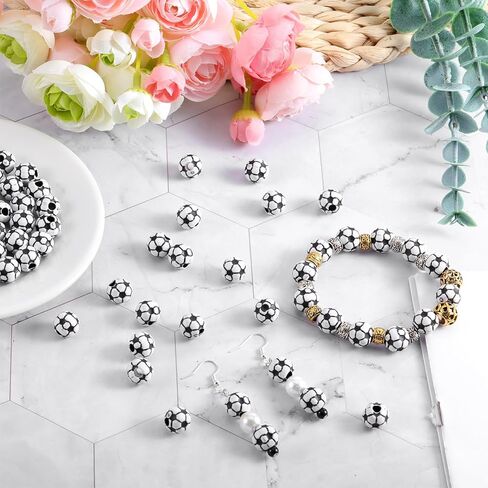 100 PCS Soccer Ball Beads, Acrylic Soccer Ball Charm, Loose Beads for Bracelets, Lanyard, Keychains, Necklace Jewelry Making Crafts Round 12mm in Saudi Arabia