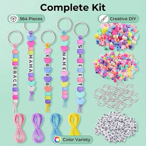 TUKIU 564Pcs DIY Bead Keychain Making Kit with Letter Beads Metal Keychains Colorful Beads Heart Shaped Bead String for DIY Bead Key Chain Bracelet and Necklace Crafts in Saudi Arabia