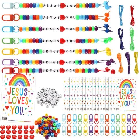 Kigeli 35 Sets Jesus Loves You Bead Keychains Craft Kit Christian Crafts Bulk DIY Rainbow Religious Bead Key Chain with Cards Letter Beads Key Ring for Christian Gifts VBS Jewelry Making in Saudi Arabia