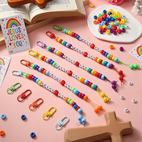 Kigeli 35 Sets Jesus Loves You Bead Keychains Craft Kit Christian Crafts Bulk DIY Rainbow Religious Bead Key Chain with Cards Letter Beads Key Ring for Christian Gifts VBS Jewelry Making in Saudi Arabia
