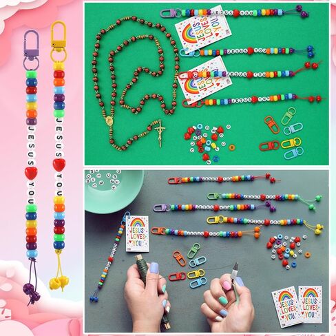 Kigeli 35 Sets Jesus Loves You Bead Keychains Craft Kit Christian Crafts Bulk DIY Rainbow Religious Bead Key Chain with Cards Letter Beads Key Ring for Christian Gifts VBS Jewelry Making in Saudi Arabia